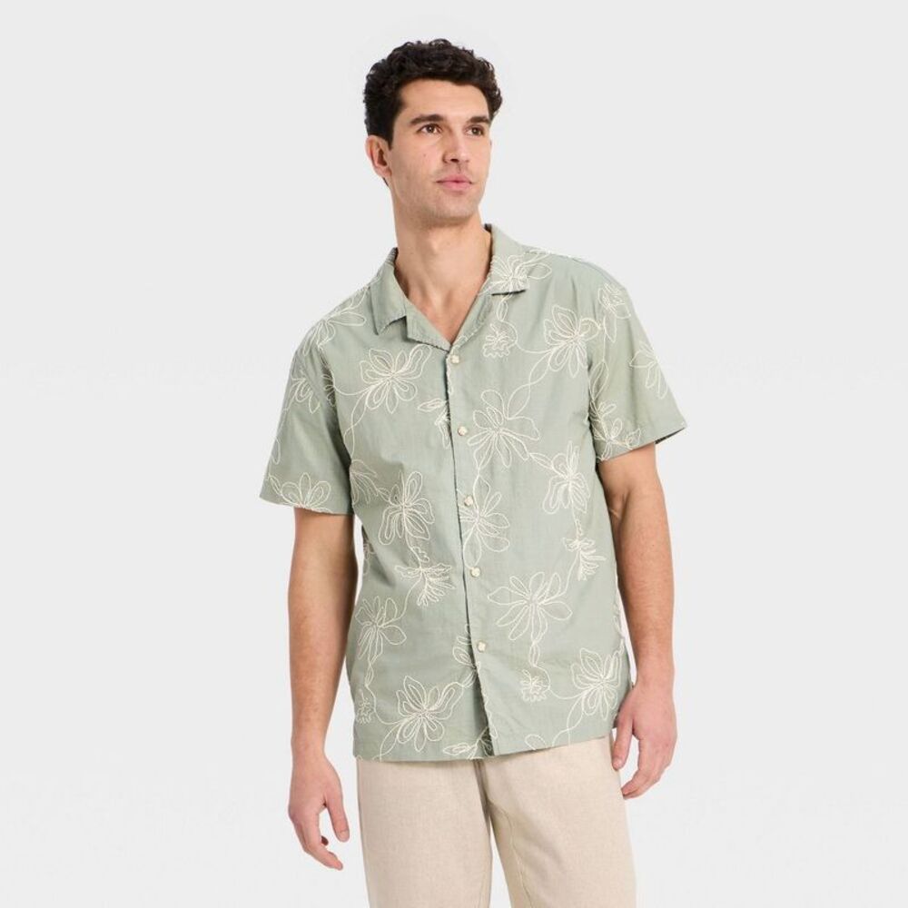 Men's Short Sleeve Floral Embroidered Camp Shirt - Goodfellow & Co Green L